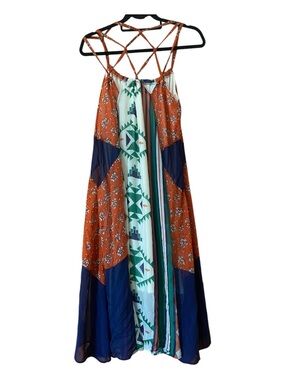 Lucy & Co Boho Patchwork Maxi Dress Open Back Strappy Festival Southwestern S
